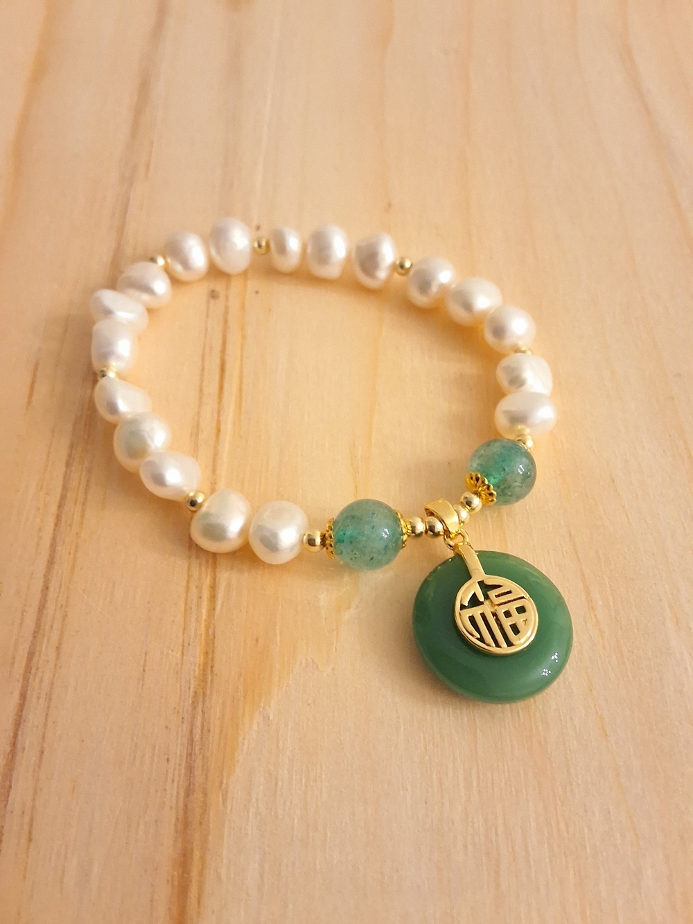 Gold & Pearl Bracelet with Green Jade Charm